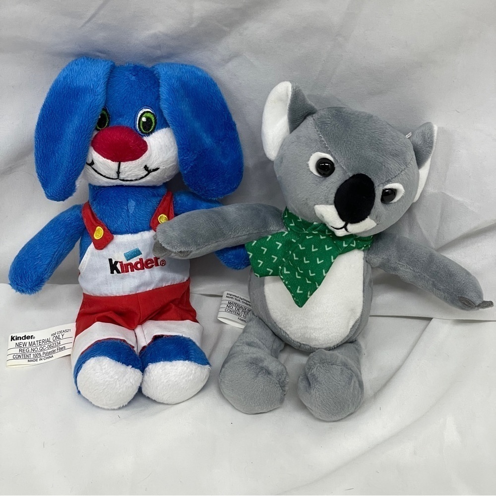Pair of kinder surprises plush blue rabbit and koala
